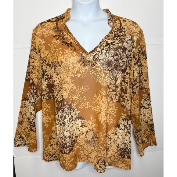 Lane Bryant Tops - Blouse Women 26/28 Brown Long Sleeves Beaded Floral Sheer V-Neck Boho Officewear